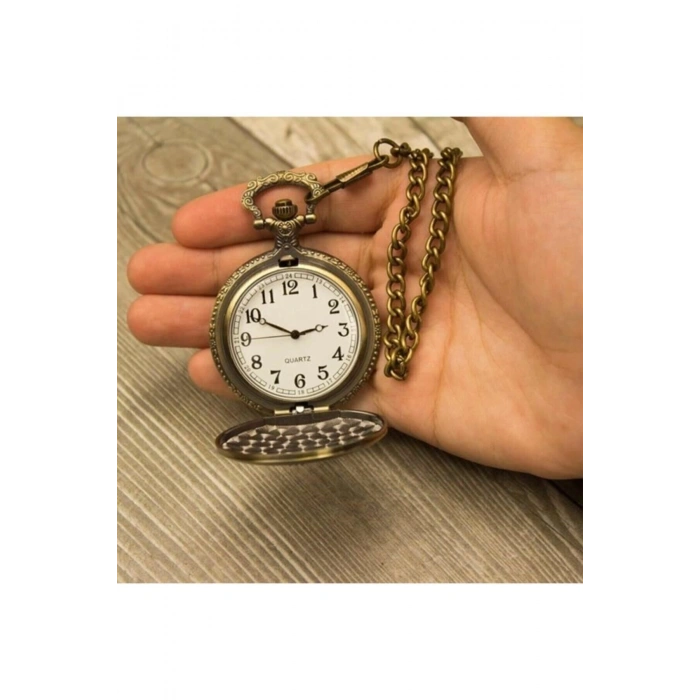 Kabartmalı Tren Temalı Köstekli Cep Saati