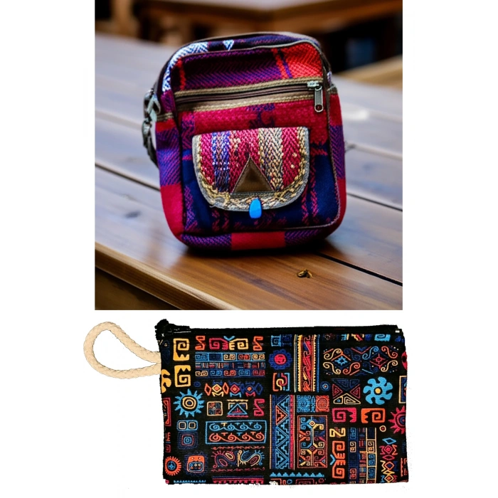 Etnik Desenli El Yapımı Çanta Kilim Dokuma Çanta Desenli Retro Omuz Çantası + Etnik Cüzdan Kalemlik