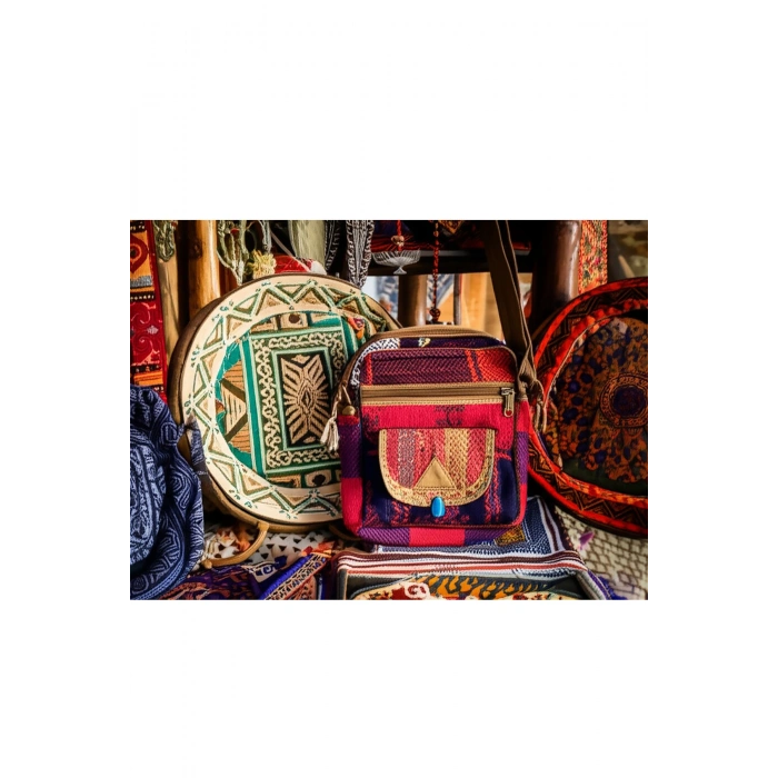 Etnik Desenli El Yapımı Çanta Kilim Dokuma Çanta Desenli Retro Omuz Çantası + Etnik Cüzdan Kalemlik