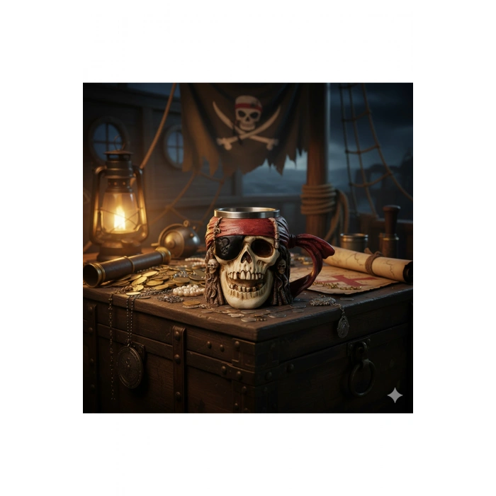 Viking Korsan Kafatası Paslanmaz Çelik 3d 500ml Kabartmalı Kupa Bardak Çay Kahve Kupa Bardak