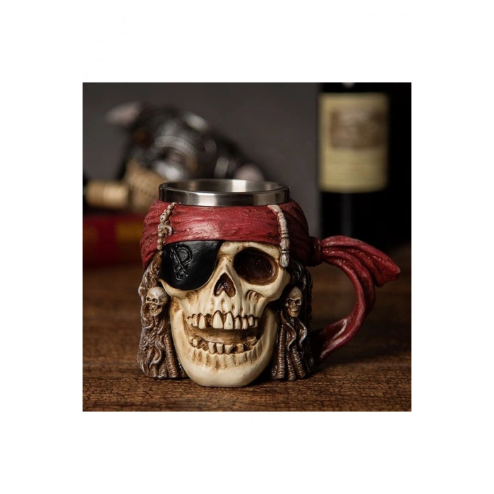 Viking Korsan Kafatası Paslanmaz Çelik 3d 500ml Kabartmalı Kupa Bardak Çay Kahve Kupa Bardak