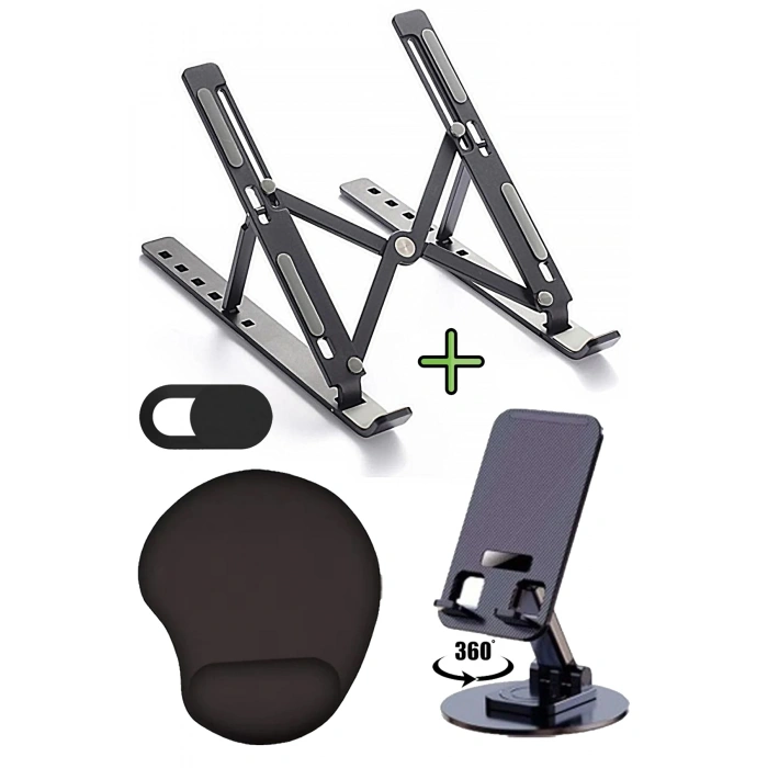 Metal Ayarlı Siyah Renk Laptop Standı Laptop Yükseltici, Mouse Pad, Telefon Tutucu, Kamera Kapatıcı