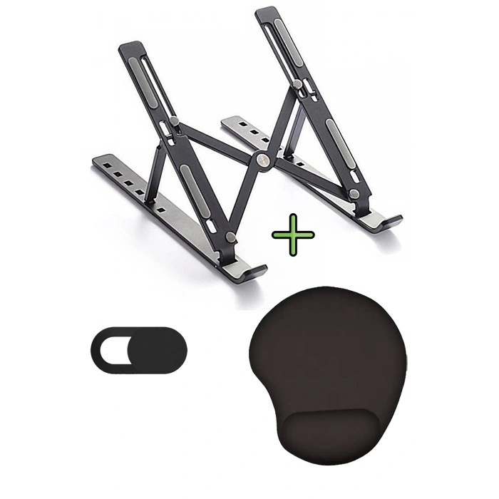 Metal Stand Ayarlanabilir Siyah Renk Laptop Standı Tutacağı, Bilek Destekli MousePad Kamera Kapatıcı