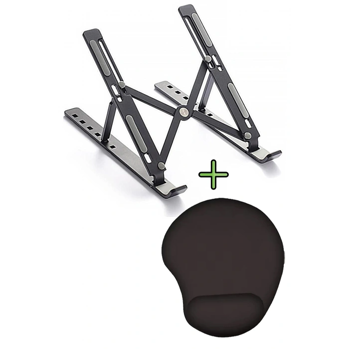 Metal Stand Ayarlanabilir Siyah Renk Laptop Standı Tablet Tutacağı, Bilek Destekli Mousen Pad