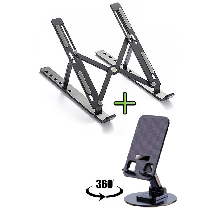 Metal Stand Siyah Laptop Standı Notebook Yükseltici, 360 Derece Dönen Tablet Telefon Tutucu