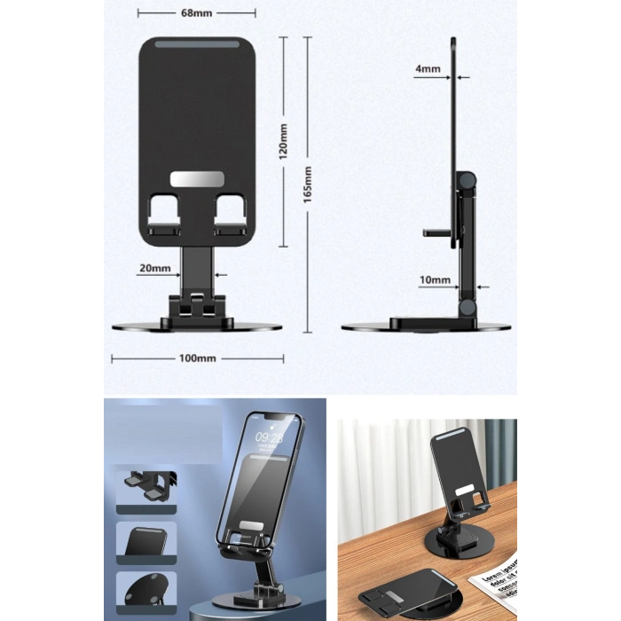 Metal Stand Siyah Laptop Standı Notebook Yükseltici, 360 Derece Dönen Tablet Telefon Tutucu