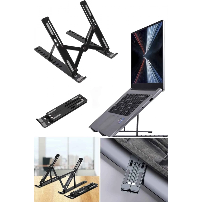 Metal Stand Siyah Laptop Standı Notebook Yükseltici, 360 Derece Dönen Tablet Telefon Tutucu