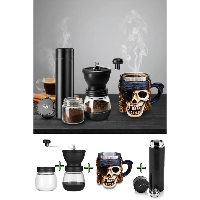 Dijital Göstergeli Çelik Termos, Seramik Cam Kahve Öğütücü, Korsan Kuru Kafa Çelik Kupa Bardak