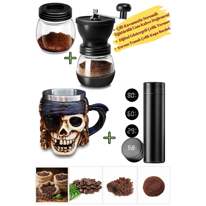 Seramik Cam Kahve Öğütücü Kahve Değirmeni, Dijital Smart Çelik Termos 3D Korsan Çelik Kupa Bardak