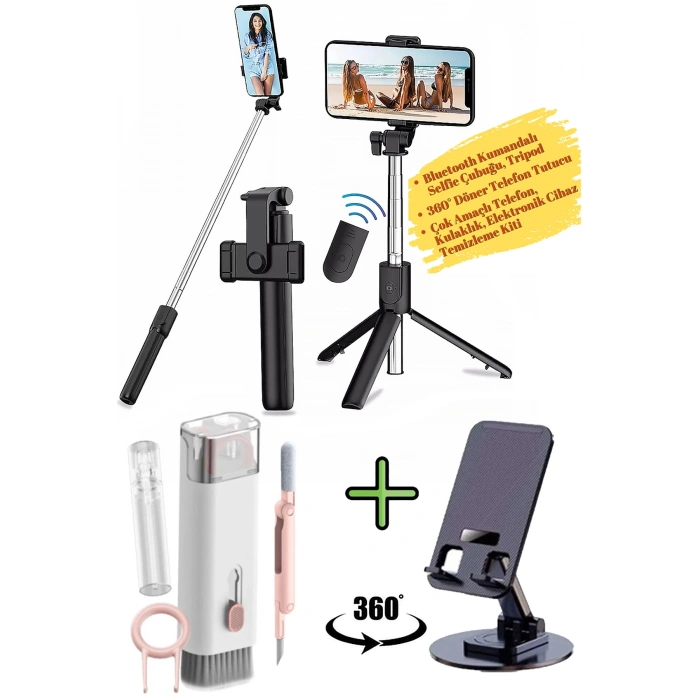 Bluetooth Kumandalı Selfie Çubuğu Tripod, 360 Döner Telefon Tutucu, Çok Amaçlı Telefon Temizleyici