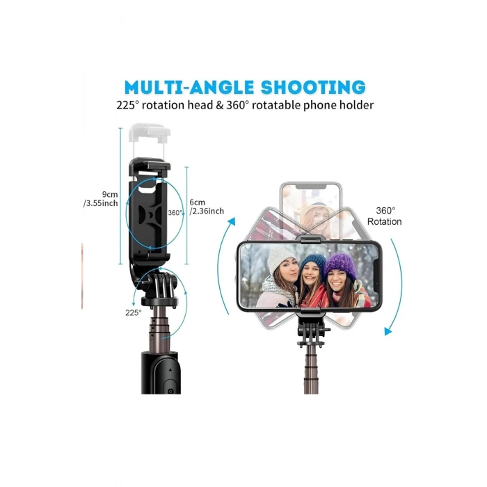 Bluetooth Kumandalı Selfie Çubuğu Tripod, 360 Döner Telefon Tutucu, Çok Amaçlı Telefon Temizleyici