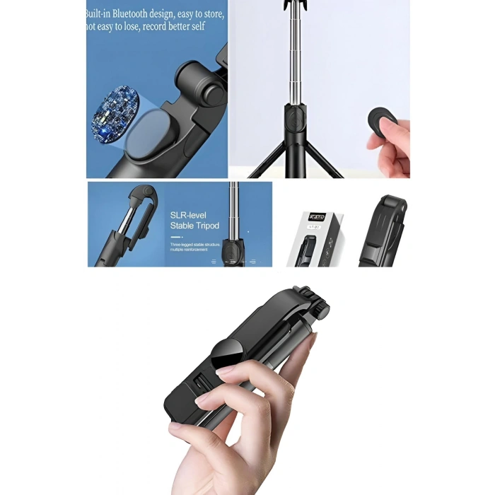 Bluetooth Kumandalı Selfie Çubuğu Tripod, 360 Döner Telefon Tutucu, Çok Amaçlı Telefon Temizleyici