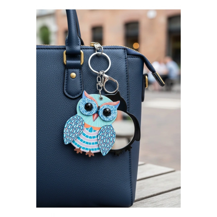 Baykuş Figürlü Aynalı Anahtarlık, Çanta Süsü, Çanta, Cüzdan Aksesuarı, Baykuş Temalı Aynalı Anahtar