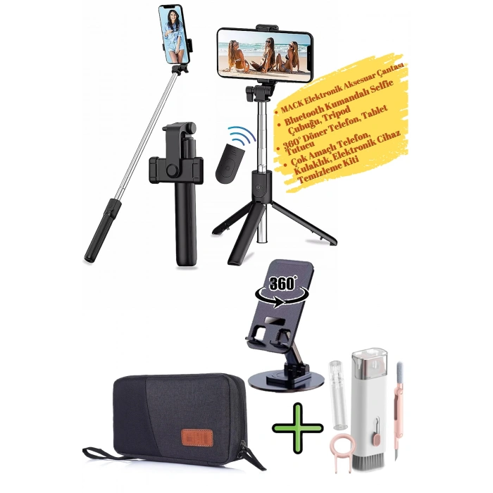 Elektronik Aksesuar Çantası, Selfie Çubuğu, Telefon Tablet Tutucu, Temizleme Kiti