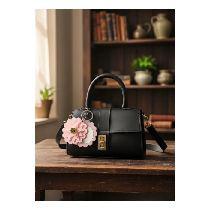 Omuz ve El Çantası ve Çiçek Figürlü Aynalı Anahtarlık Hediyeli, Mekanizmalı Günlük Sade Çanta