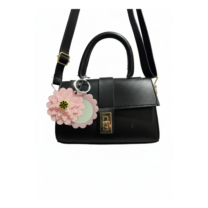 Omuz ve El Çantası ve Çiçek Figürlü Aynalı Anahtarlık Hediyeli, Mekanizmalı Günlük Sade Çanta