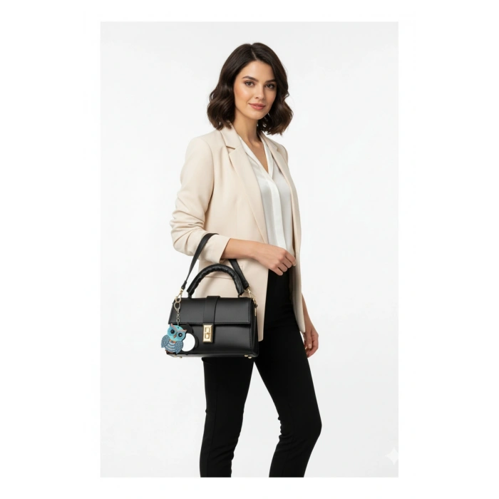 Omuz ve El Çantası ve Baykuş Figürlü Aynalı Anahtarlık Hediyeli, Mekanizmalı Günlük Sade Çanta