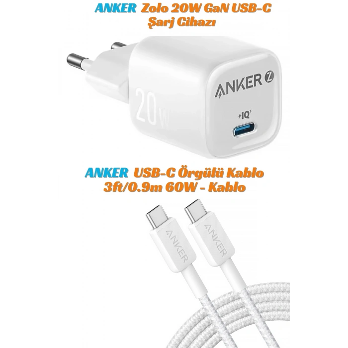 Zolo 20W GaN USB-C Şarj Cihazı, PowerLine USB-C to USB-C Örgülü Kablo 3ft/0.9m 60W Kablo