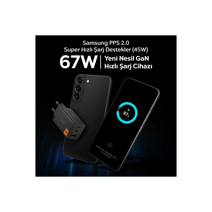 67W USB-C + USB-A 3 Port Hızlı Şarj Aleti PPS 2.0 Desteği GaN Pro Destekli Type-C Black - ACH09458