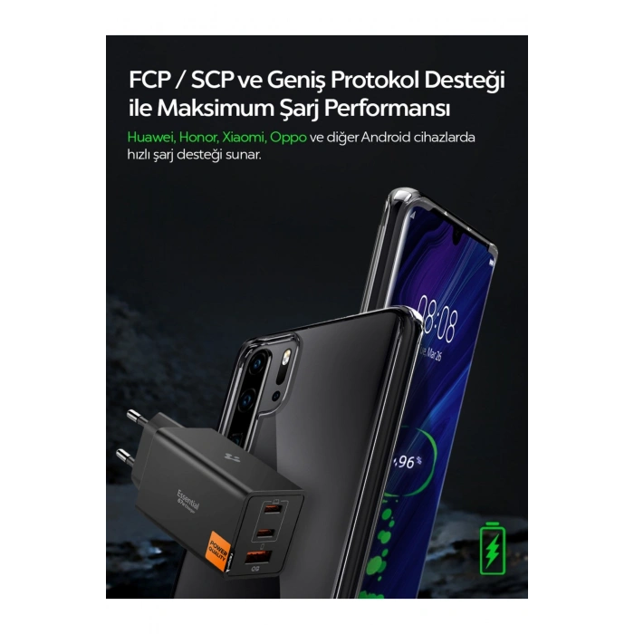 67W USB-C + USB-A 3 Port Hızlı Şarj Aleti PPS 2.0 Desteği GaN Pro Destekli Type-C Black - ACH09458