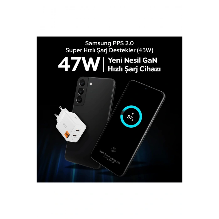 47W USB-C 2 Port Mini Hızlı Şarj Aleti Samsung PPS 2.0 GaN Pro Destekli Akım Koruma Type-C ACH08707