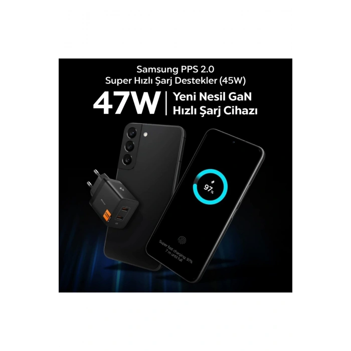 47W USB-C 2 Port Mini Hızlı Şarj Aleti Samsung PPS 2.0 GaN Pro Destekli Akım Koruma Type-C ACH09457