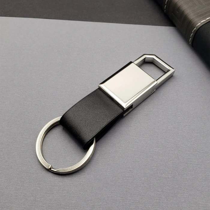 Deri Siyah Gümüş Metal Anahtarlık