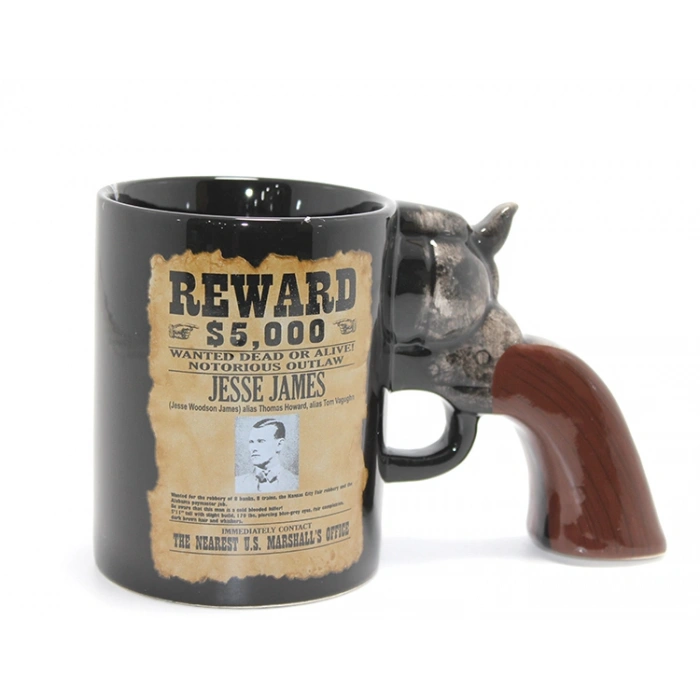 Jesse James Wanted İlanlı Tabanca Porselen Kupa Bardak