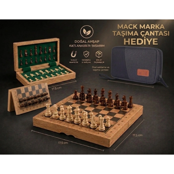 Mıknatıs Taşlı Ahşap Katlanabilir Kutulu Satranç Oyunu Takımı 17.5 Cm Taşıma Çantası Hediye