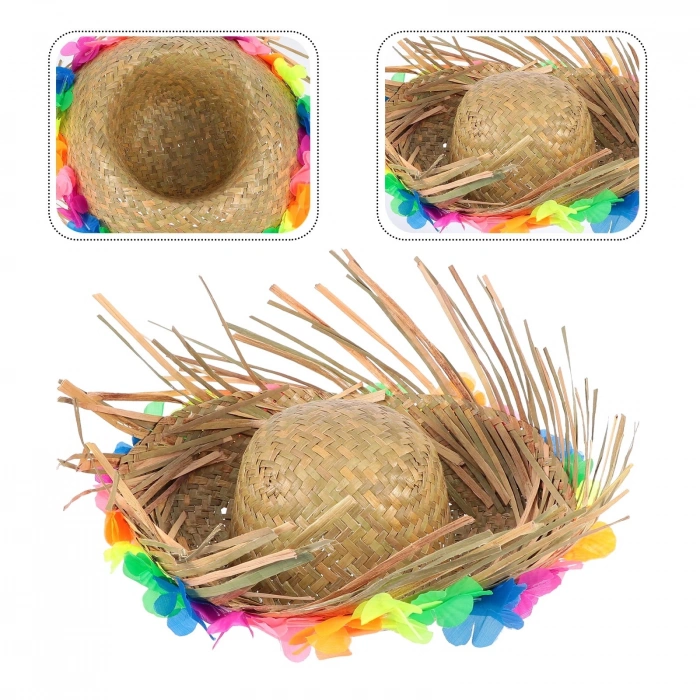 Natural Renkli Püsküllü Örme Hasır Hawaii Şapka