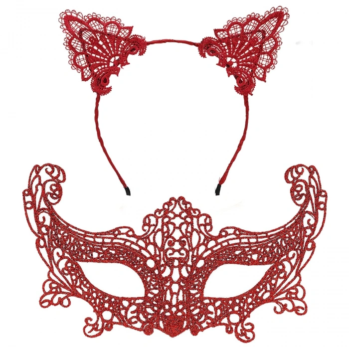 Romantik Kırmızı Dantel Maske Seti – Kedi Kulaklı Taç ve Maske No 3