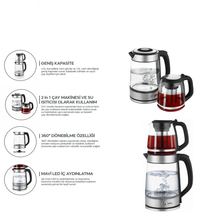 Sinbo 2si 1 Arada Çaycı - Kettle - 2.0L + 1.2L Kapasite - Cam Gövde