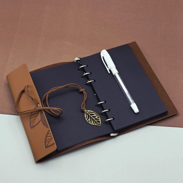 Siyah Yapraklı Deri Defter Ve Beyaz Jel Kalem Seti