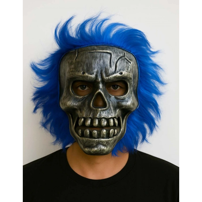 Wild Skull - Gümüş Kafatası Mavi Saçlı İskelet Maske