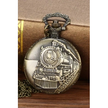 Kabartmalı Tren Temalı Köstekli Cep Saati