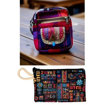 Etnik Desenli El Yapımı Çanta Kilim Dokuma Çanta Desenli Retro Omuz Çantası + Etnik Cüzdan Kalemlik