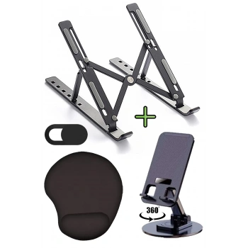 Metal Ayarlı Siyah Renk Laptop Standı Laptop Yükseltici, Mouse Pad, Telefon Tutucu, Kamera Kapatıcı