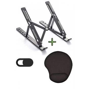 Metal Stand Ayarlanabilir Siyah Renk Laptop Standı Tutacağı, Bilek Destekli MousePad Kamera Kapatıcı