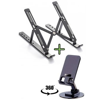 Metal Stand Siyah Laptop Standı Notebook Yükseltici, 360 Derece Dönen Tablet Telefon Tutucu