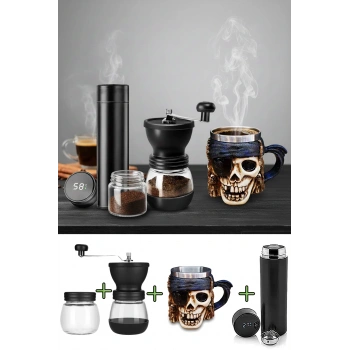 Dijital Göstergeli Çelik Termos, Seramik Cam Kahve Öğütücü, Korsan Kuru Kafa Çelik Kupa Bardak