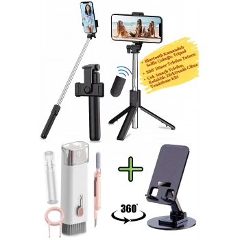 Bluetooth Kumandalı Selfie Çubuğu Tripod, 360 Döner Telefon Tutucu, Çok Amaçlı Telefon Temizleyici