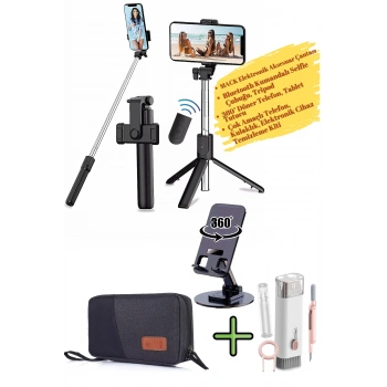Elektronik Aksesuar Çantası, Selfie Çubuğu, Telefon Tablet Tutucu, Temizleme Kiti