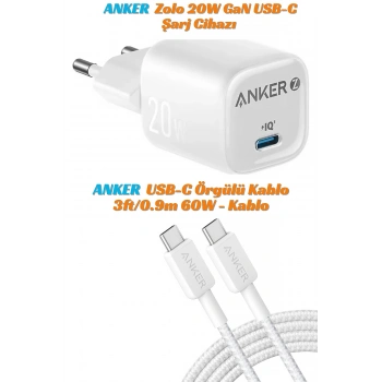 Zolo 20W GaN USB-C Şarj Cihazı, PowerLine USB-C to USB-C Örgülü Kablo 3ft/0.9m 60W Kablo
