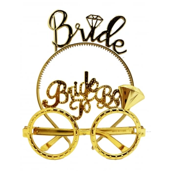 Bride Yazılı Taç ve Bride To Be Yazılı Gözlük Seti - Altın Renk