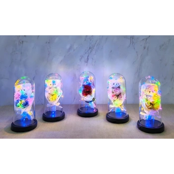 Işıklı Müzikli Fanus içinde Sevimli Ayıcıklı Gül Buketi  Alk5002