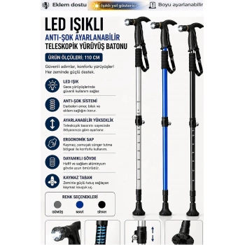 Led Işıklı Anti-Şok Ayarlanabilir Teleskopik Yürüyüş Batonu Katlanabilir Baston