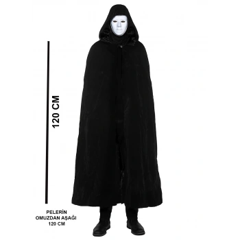 Siyah Kapüşonlu 120 cm Pelerin ve Beyaz Boyanabilir Tam Yüz Maske