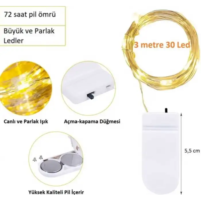 Peri Led Işık|ince Pil Yataklı Kendinden Pilli 3 Metre Gün Işığı Tel Şerit Led Dekoratif Aydınlatma