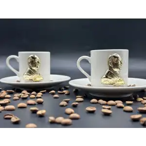 Metal Altın Renk Atatürk 2 li Porselen Fincan Seti