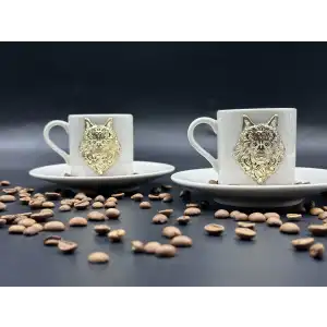 Metal Altın Renk Bozkurt İşlemeli İkili Fincan Seti